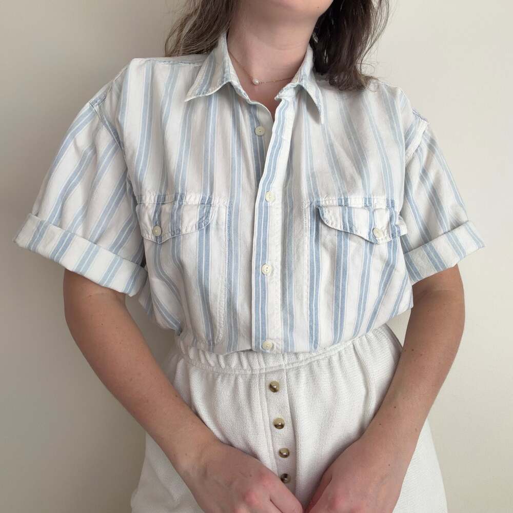 Vintage Dockers Levi's Blue & White Striped Short Sleeve Button-Down Shirt